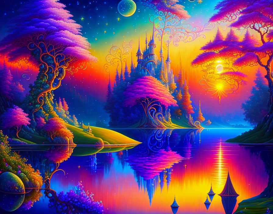 Fantasy landscape with purple trees, reflective river, castle, colorful sky