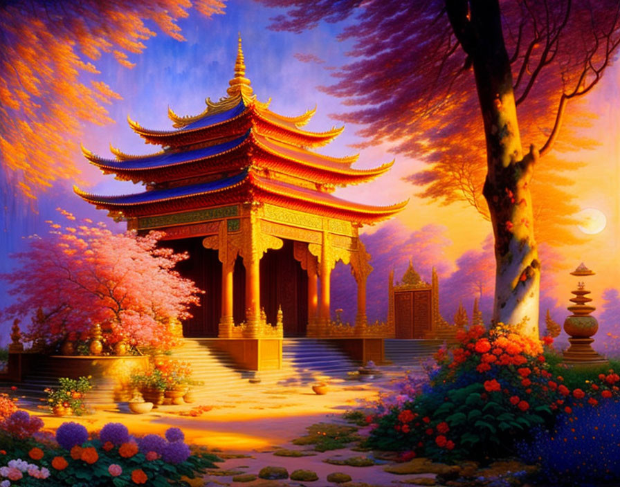 Colorful Asian temple surrounded by flowers under moonlit sky