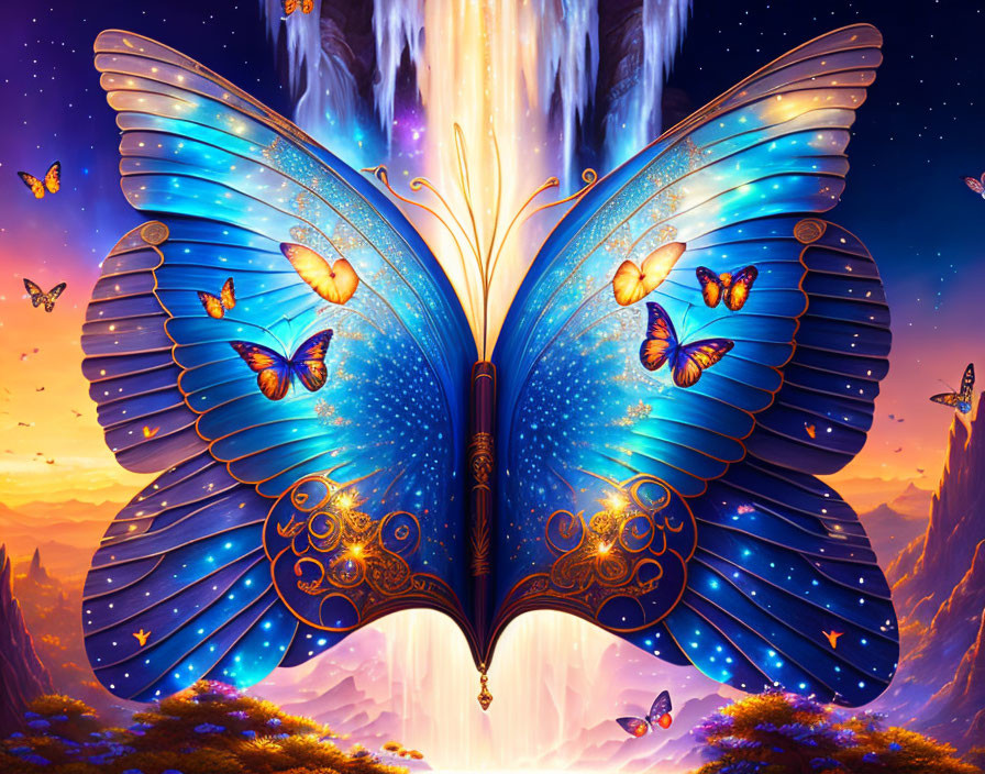 Colorful illustration: Open book transforms into butterfly by waterfall at twilight