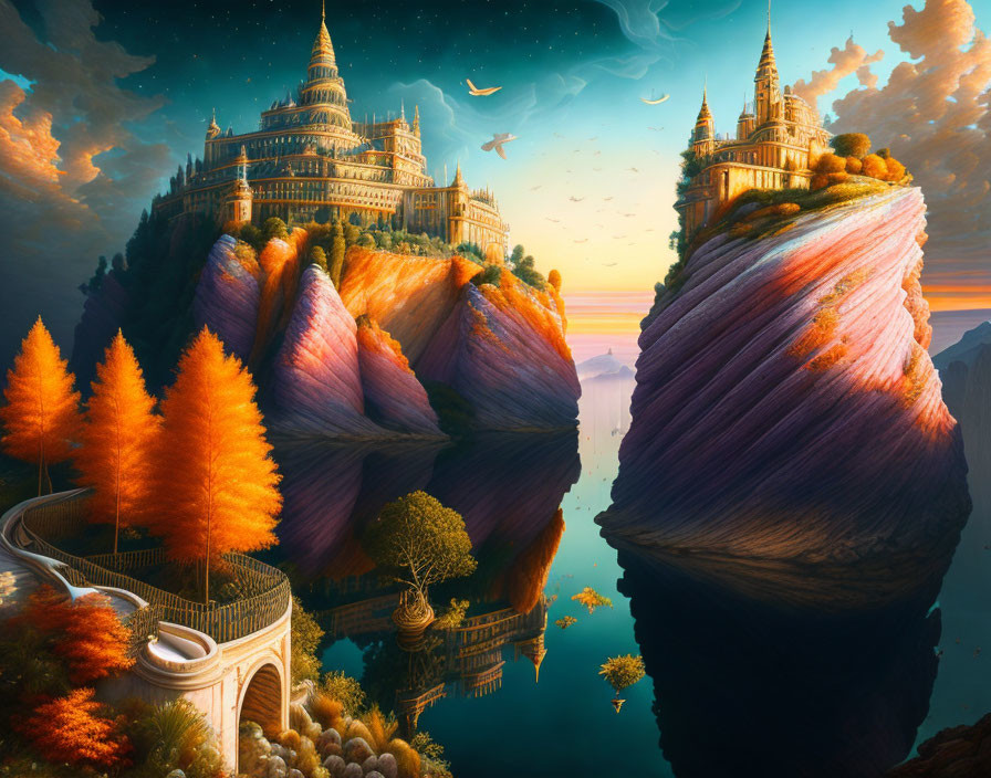 Vividly colored cliffs with spire-topped castles in a fantastical autumn scene