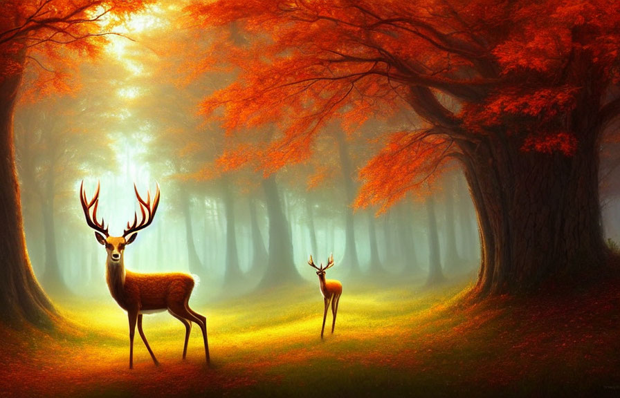 Two deer in mystical forest with fiery orange autumn leaves, sunbeams, and shadowy trees