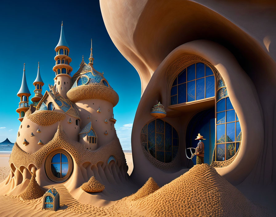 Whimsical fantasy sandcastle with towers and figure under blue sky