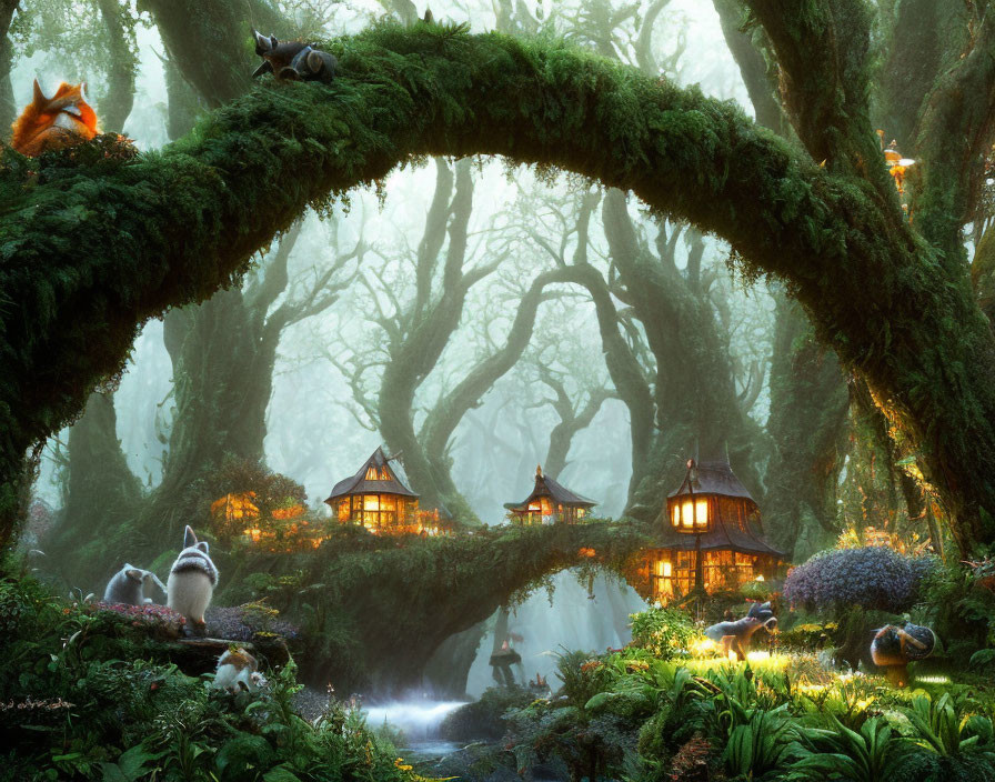 Enchanting forest scene at dusk with cottages, waterfall, raccoons, and squirrels