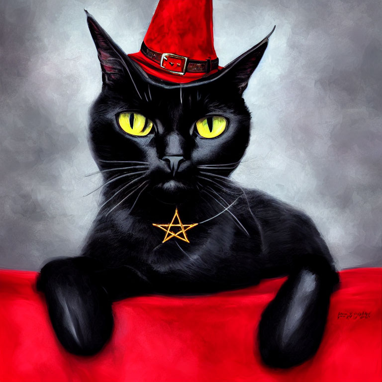 Black Cat with Yellow Eyes in Witch Hat and Star Pendant on Grey Background