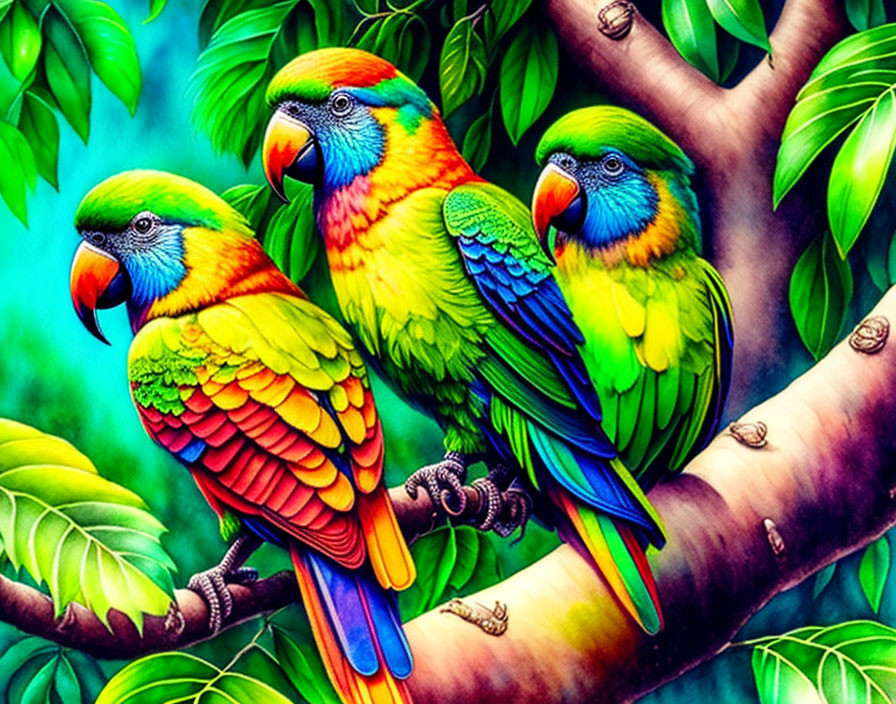 Colorful Parrots Perched on Tree Branch