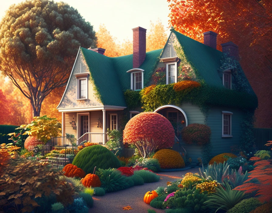 Ivy-Covered Cottage Surrounded by Gardens and Autumn Trees