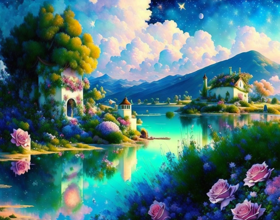 Colorful Fantasy Landscape with Starry Sky, Lake, and Whimsical Buildings