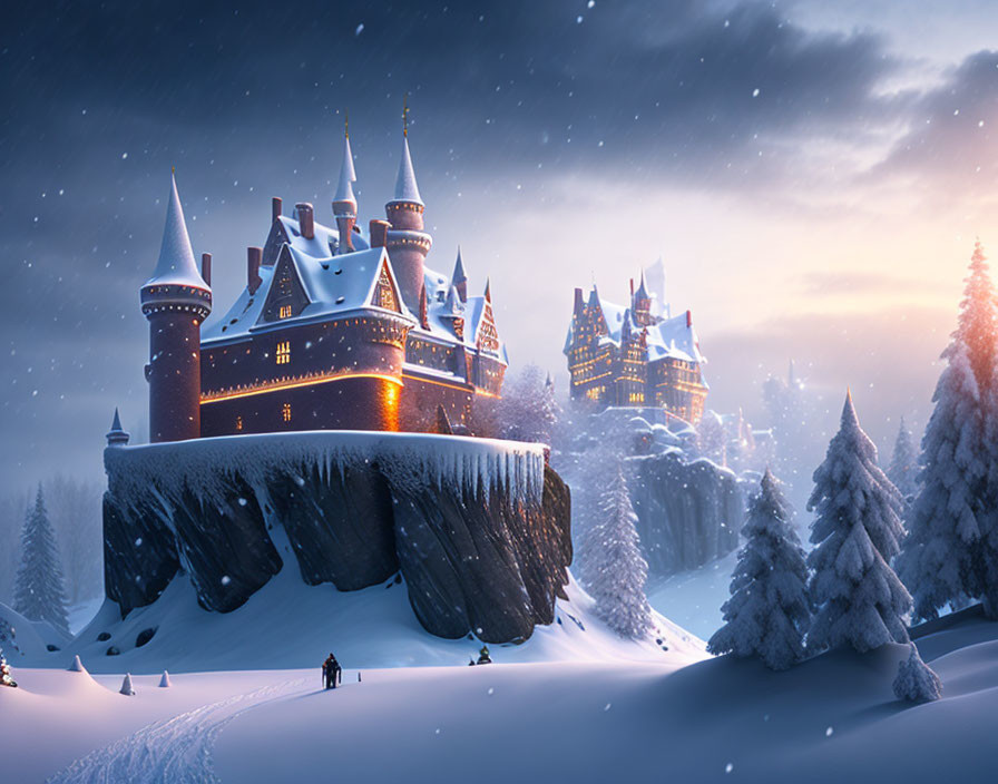 Enchanting winter castle on cliff with snowfall and small figures.