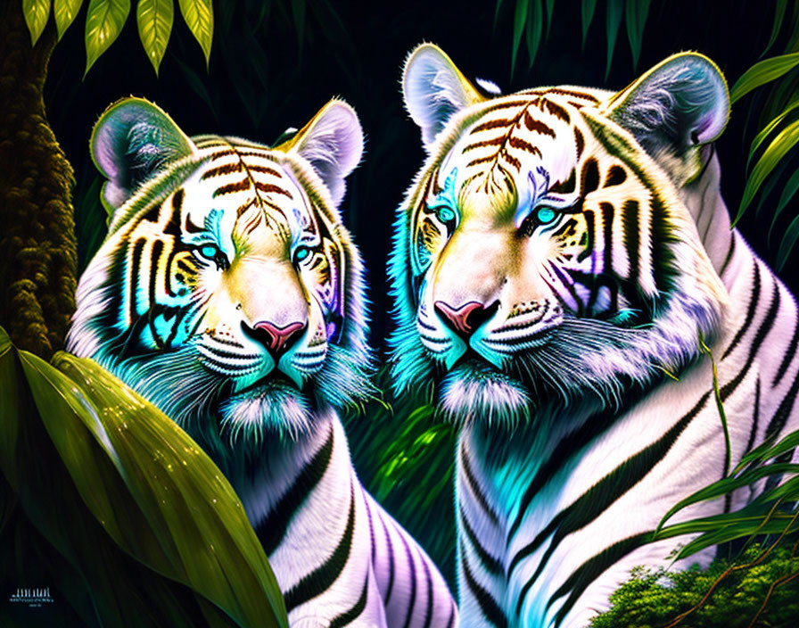 White tigers with blue eyes in lush green foliage