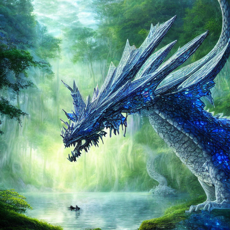 Majestic blue dragon with crystalline spikes by serene lake in lush green forest