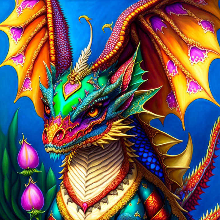 Colorful Dragon with Intricate Scales and Grand Wings on Blue Background