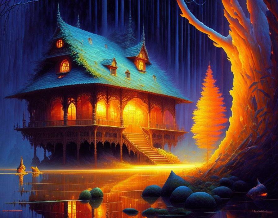 Mystical house with glowing windows in blue forest reflection