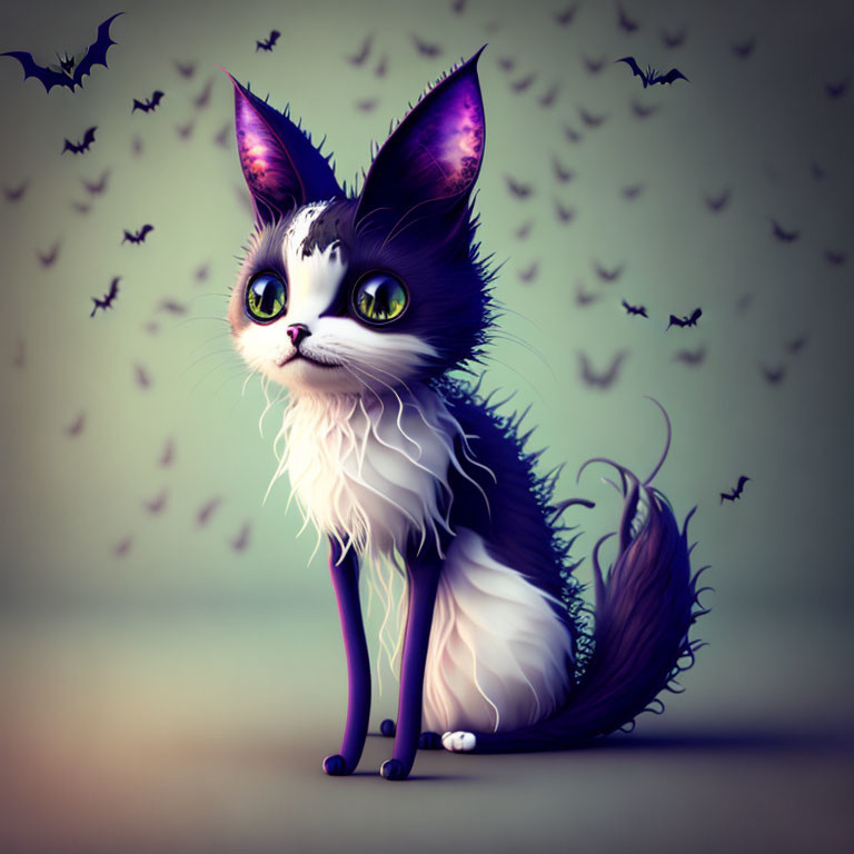 Stylized black and white cat with purple ears and tail among flying bats on gradient background