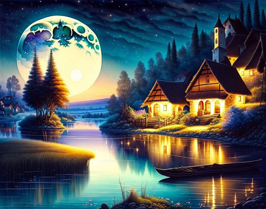 Tranquil Full Moon Night Scene Over Serene Lake