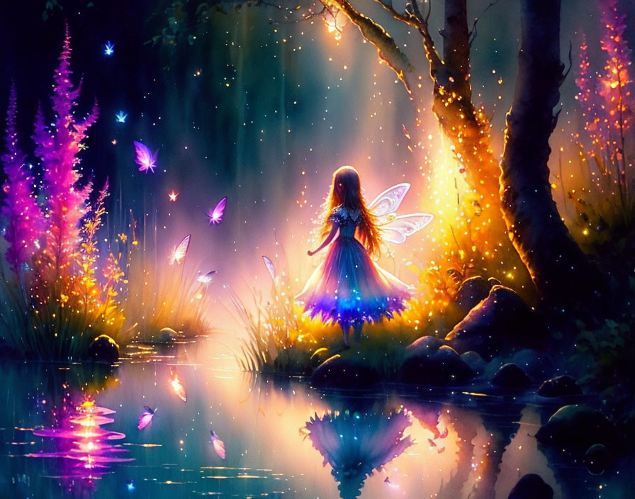 Glowing fairy with wings in enchanted forest by mystical pond