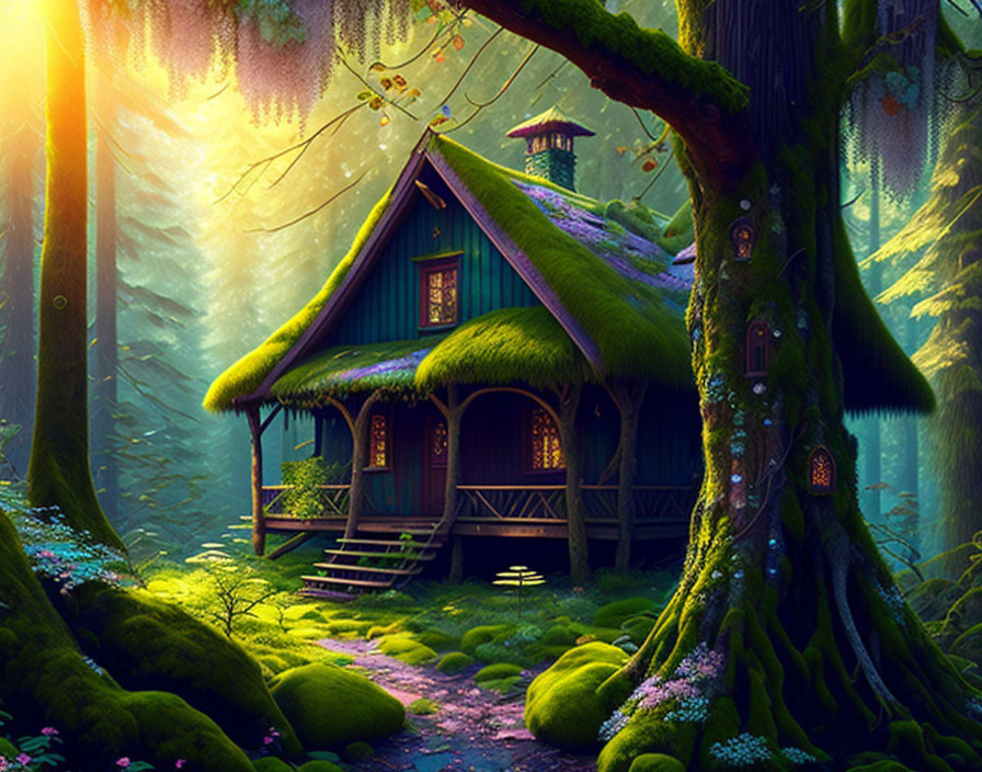 Mystical forest cabin with moss-covered trees and thatched roof