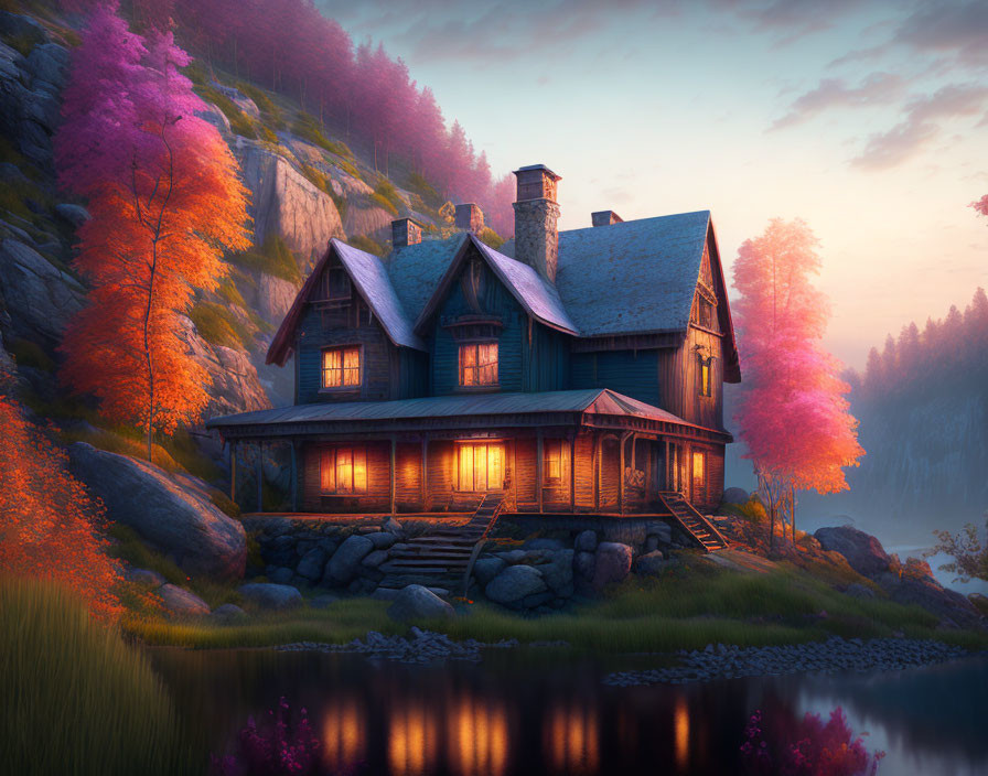 Scenic two-story log cabin by calm lake in autumn twilight