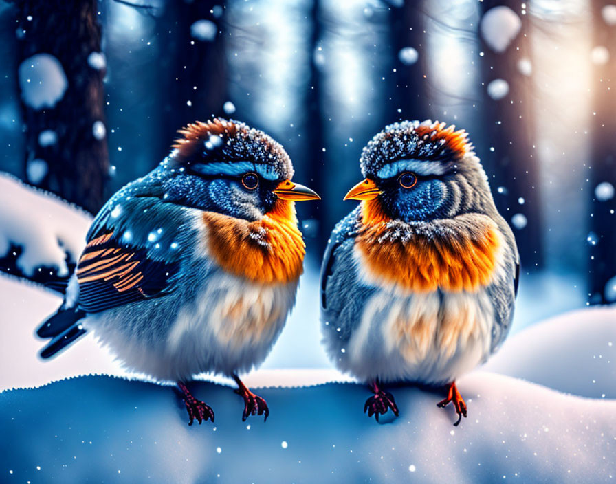 Colorful Birds Perched on Snowy Branch