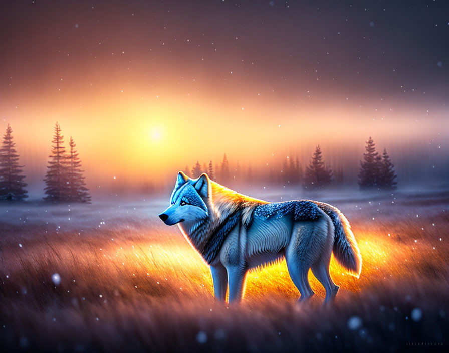 Solitary wolf in snowy twilight landscape with setting sun and misty trees