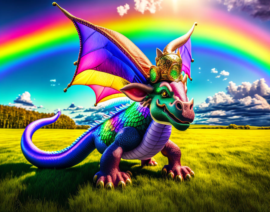 Colorful Whimsical Dragon Illustration with Crown and Rainbow Sky