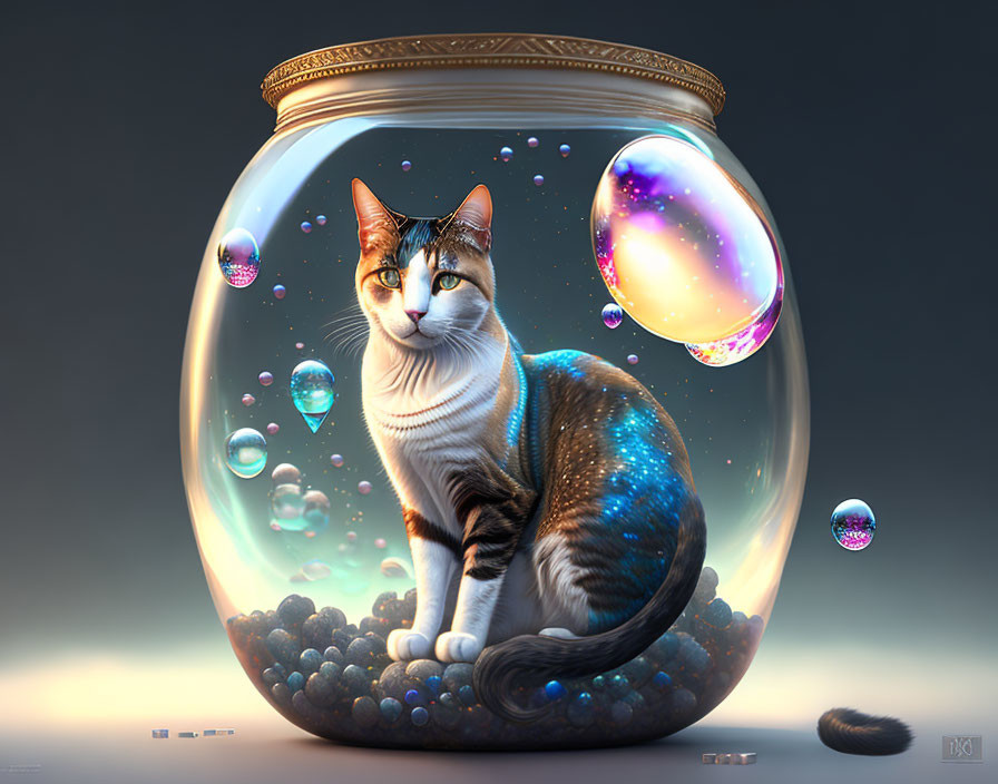 Photorealistic cat in glass jar with bubbles on soft-lit background