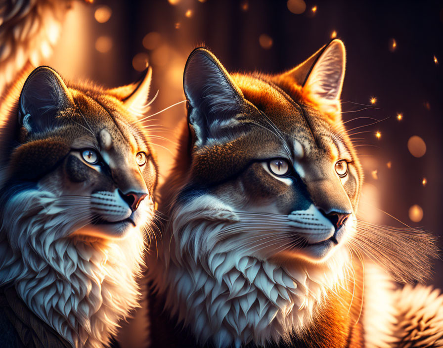 Artistically rendered lynxes with detailed fur and warm amber eyes in a magical setting.