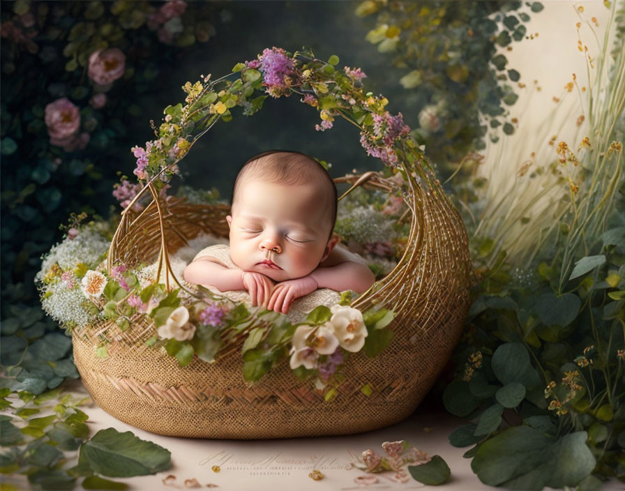 Peaceful Infant Sleeping in Flower Crown Basket surrounded by Greenery