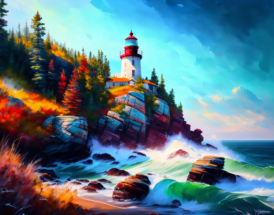 Vibrant painting of lighthouse on cliff with autumn trees and crashing waves