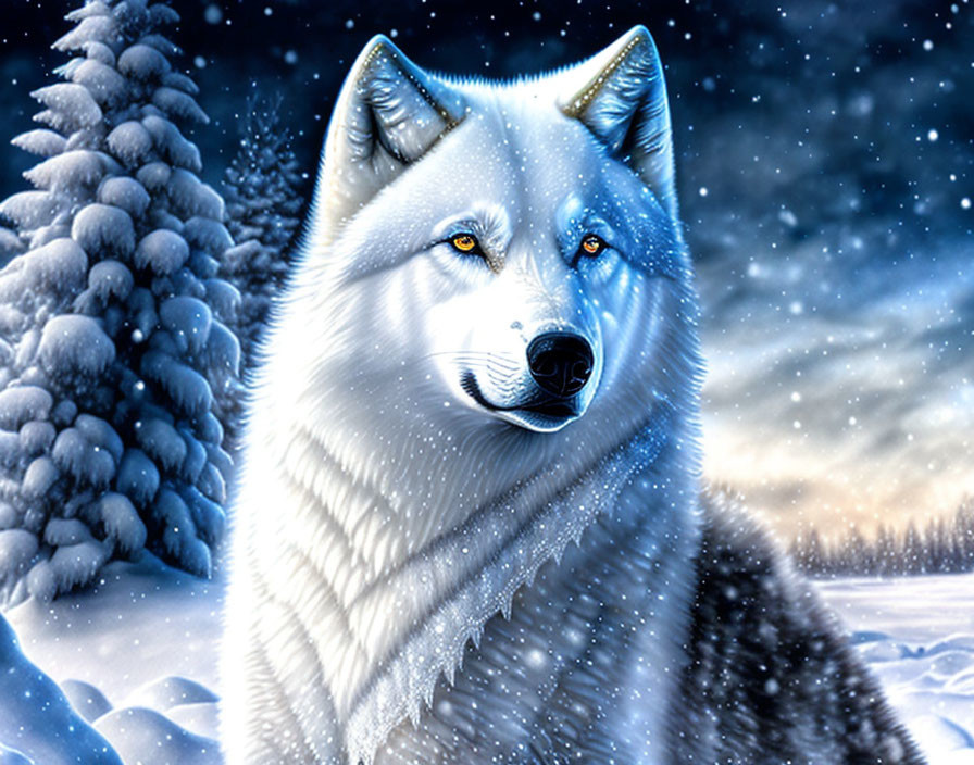 Majestic white wolf in snowy landscape at night