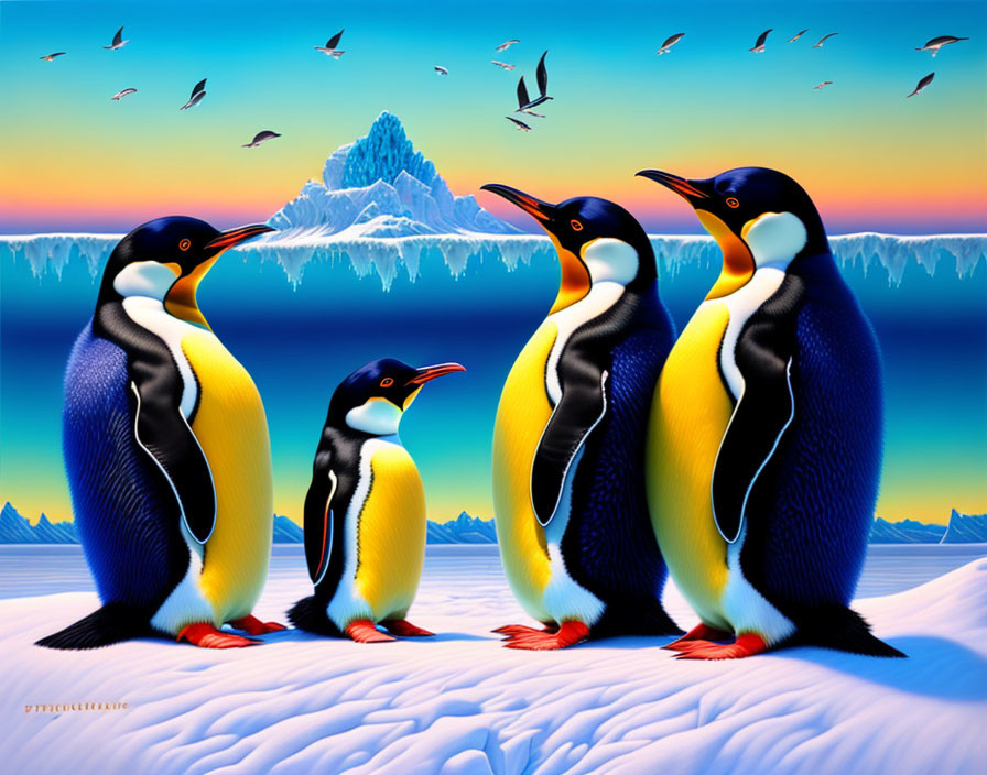 Colorful penguins on icy terrain with mountain and sky.
