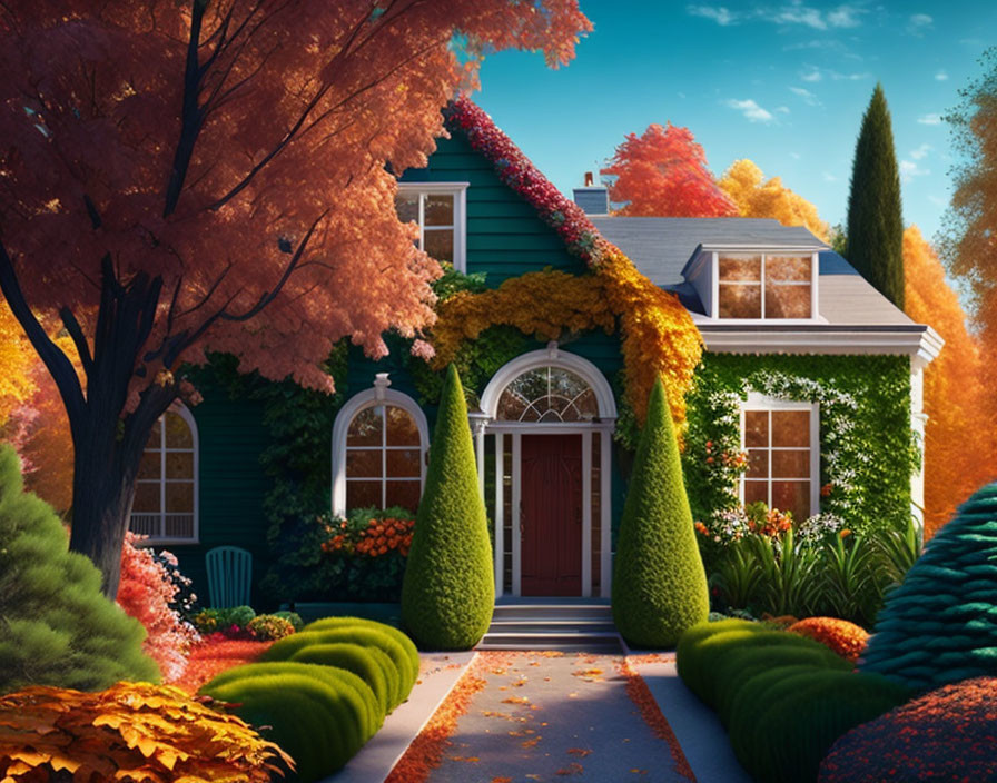 Teal exterior house in autumn setting with trimmed hedges