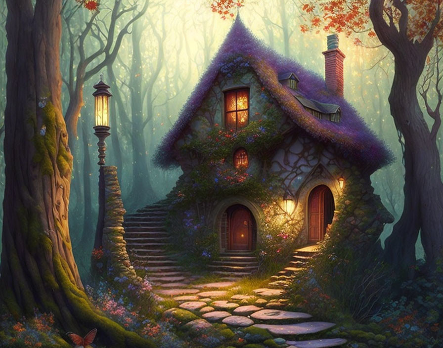 Thatched Roof Cottage in Enchanted Forest with Stone Pathway