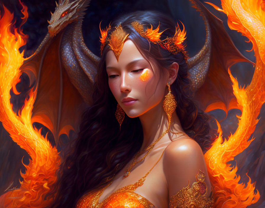 Fantasy portrait of woman with gold accessories and fiery dragon in mystical setting