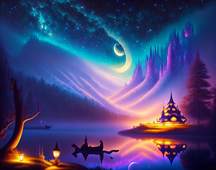 Fantasy landscape with starry night sky, crescent moon, northern lights, lake, trees,