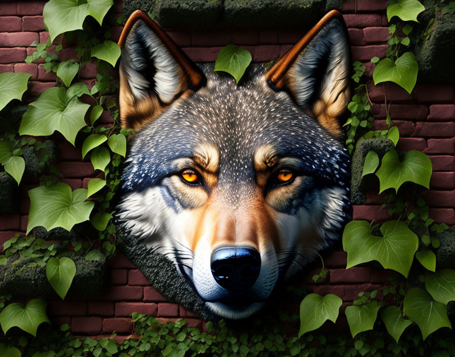 Hyper-realistic Wolf Face Emerging from Brick Wall with Ivy Leaves