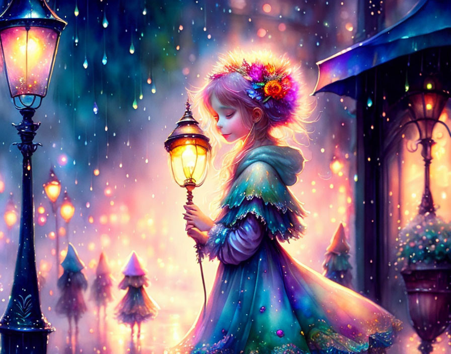 Girl wearing floral crown with lantern in snowy, mystical scene