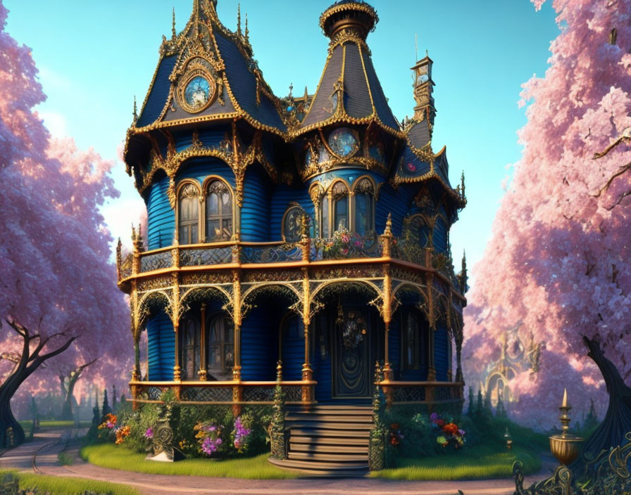 Blue Victorian house with gold trim in lush garden.