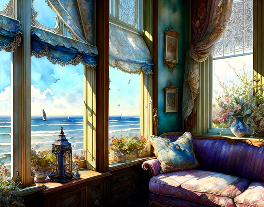 Luxurious room with seaside view, lantern, plush sofa, and sunlit flowers