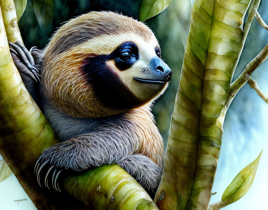 Smiling sloth with lustrous fur on tree branch in green foliage