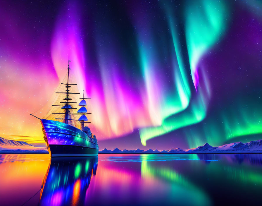 Colorful aurora borealis over still lake with ship silhouette