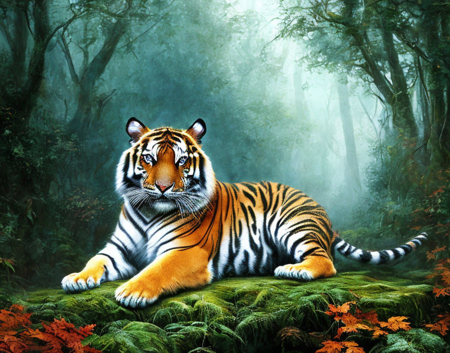 Majestic tiger resting on vibrant green foliage in misty forest