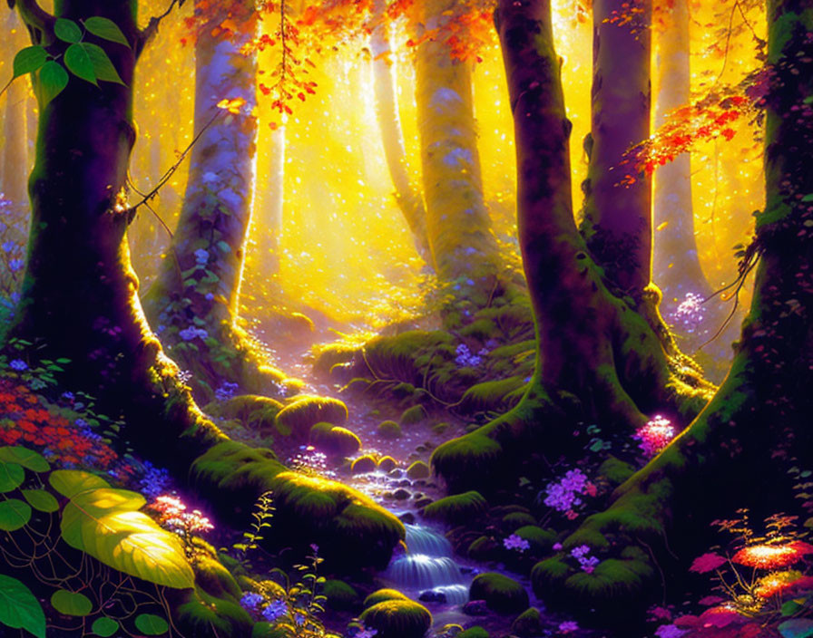 Mystical forest scene with sunbeams, waterfall, and vibrant flora