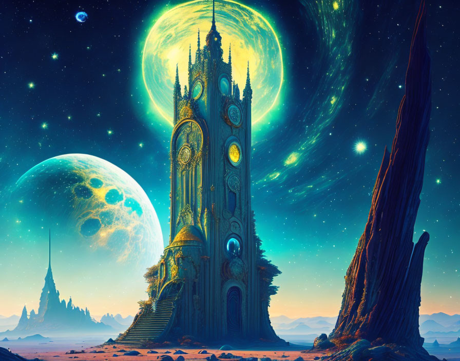 Surreal sci-fi landscape with ornate clock tower on alien planet