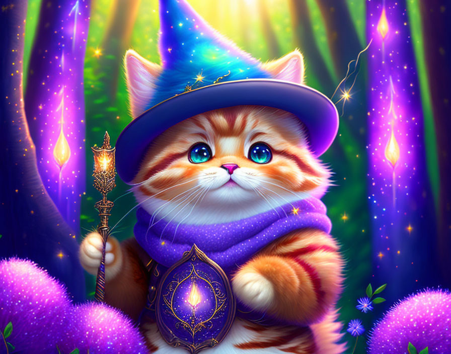 Illustration of wizard kitten in magical setting