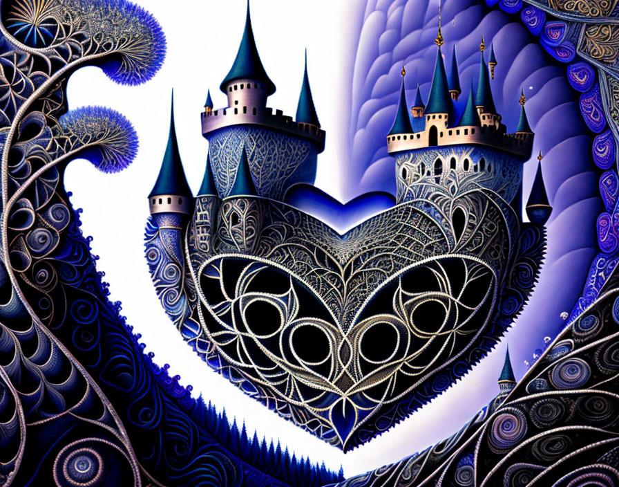 Intricate surreal artwork: Castles, spires, heart shape, swirls