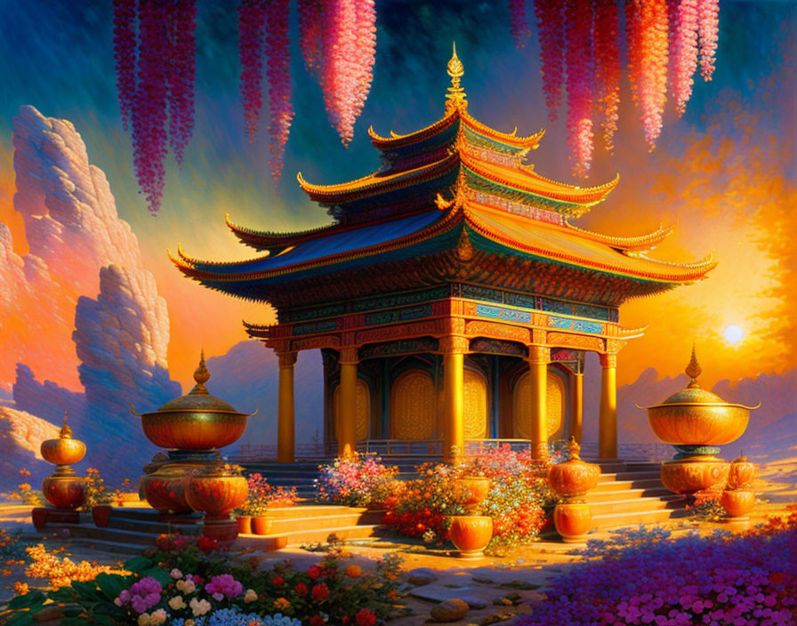 Ornate temple in lush setting with incense burners at sunset