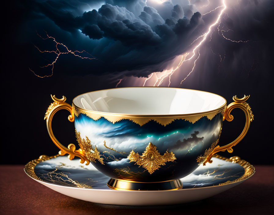 Porcelain Cup with Gold Handles & Stormy Landscape Design