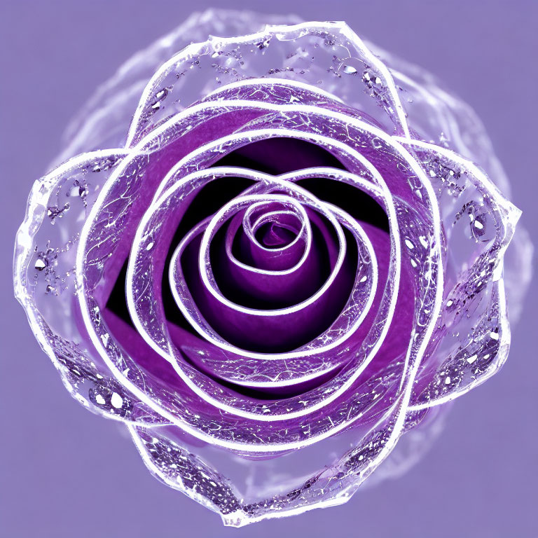 Digitally altered purple rose with water droplets on petals on purple background