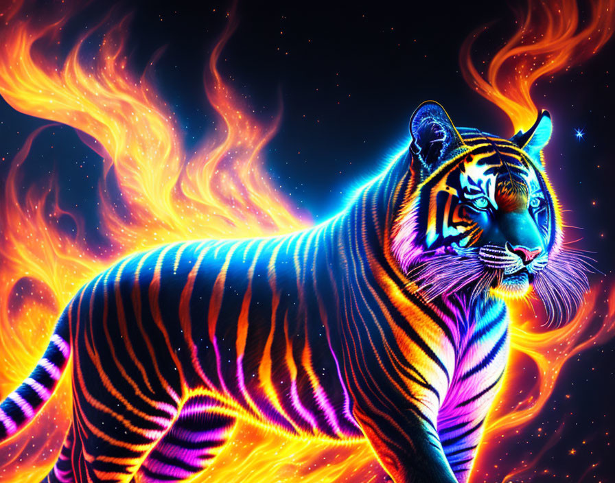 Neon tiger digital art in cosmic setting