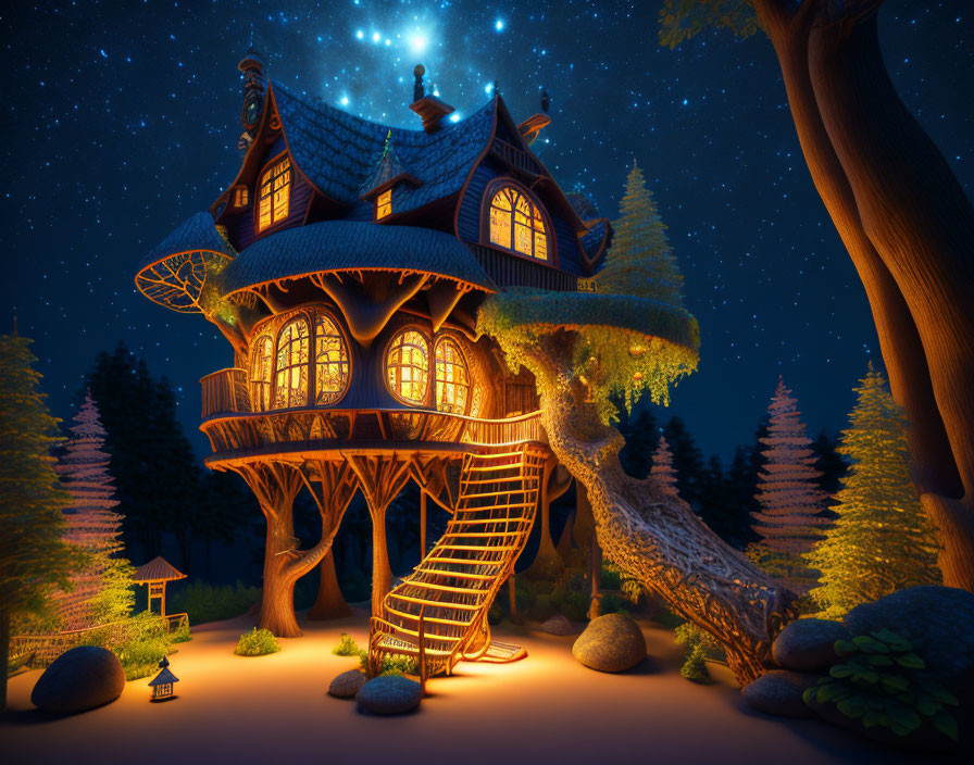 Enchanting illuminated treehouse in forest at night